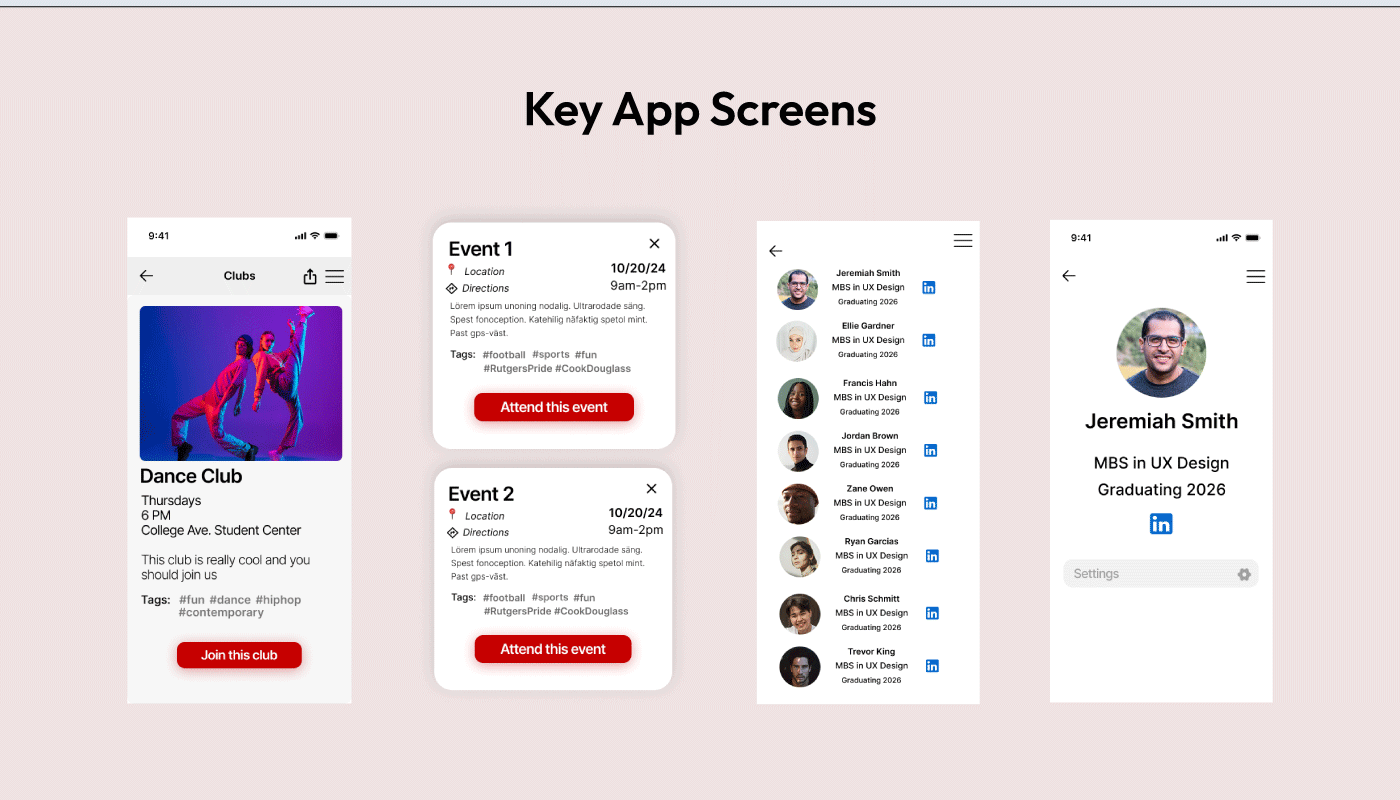 Campus Connect key app screens
